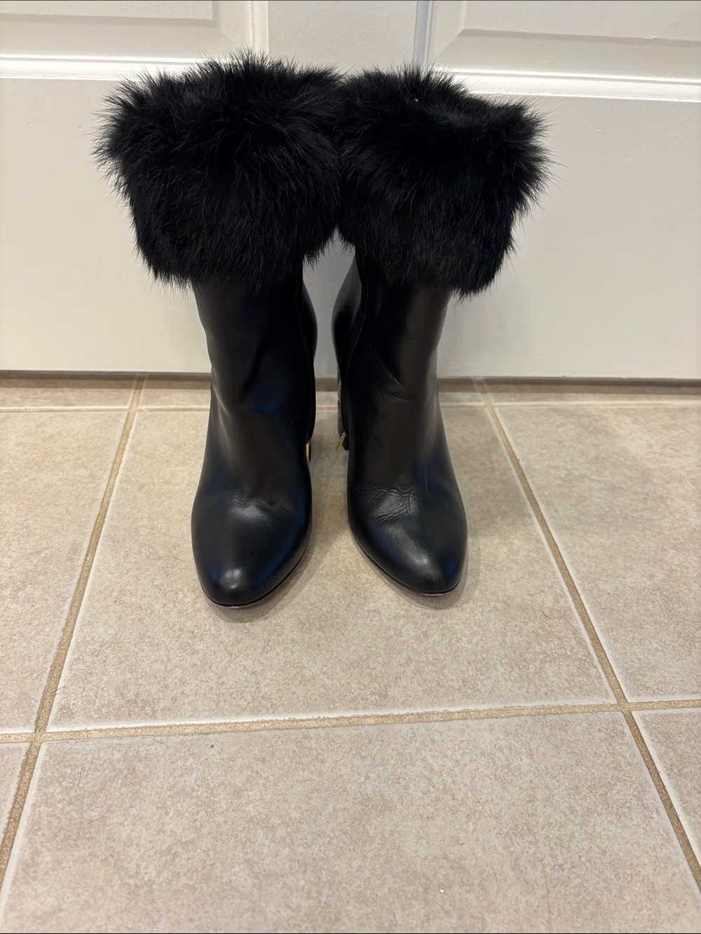 FERRAGAMO Women's Black Fur Cuff Heel Boots size 6 1/2, 4 inch heel